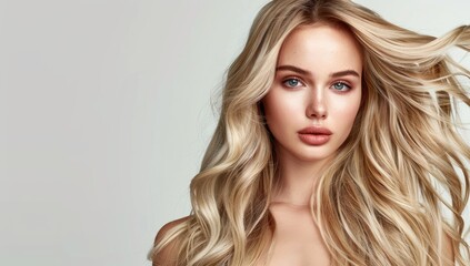 Fototapeta premium Cheerful young woman with healthy blonde wavy hair and clear skin on white
