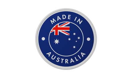 Made in Australia. Circle country flag product label round pinback button banner simple. Transparent backgound. 3d rendered with alpha channel. Round shape.