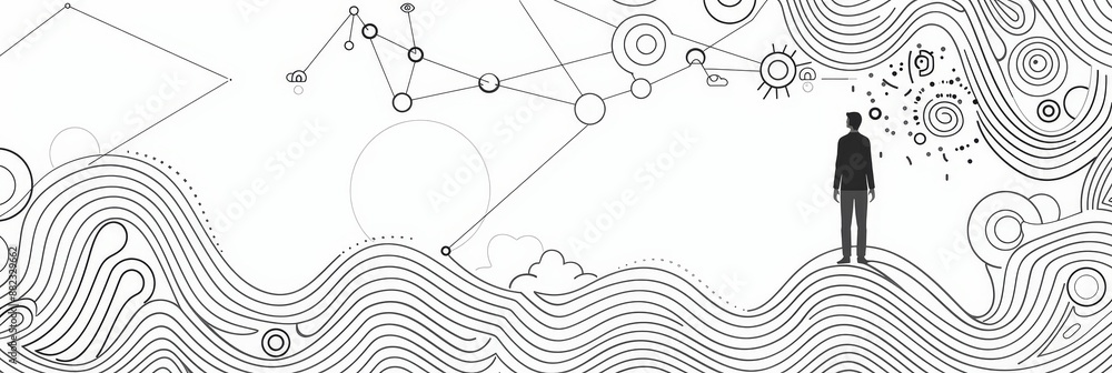 Poster man on a wavy landscape with abstract elements - a silhouette of a man standing on a wavy landscape 