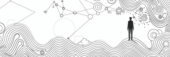 Man on a Wavy Landscape with Abstract Elements - A silhouette of a man standing on a wavy landscape filled with abstract geometric shapes and lines. The image evokes a sense of imagination, dreams and