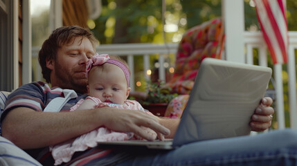 Obraz premium Father and baby bonding on porch, dad working on laptop while holding infant daughter, cozy family moment outdoors