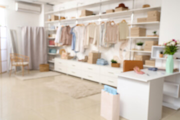 Blurred view of stylish boutique with clothes and shoes