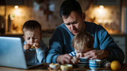 Stressed father multitasking with two children at home in kitchen
