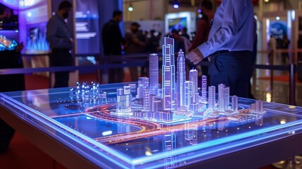 A hologram table projecting a hologram of a modern city, the hologram table is in an expo booth in a middle eastern technology event | 現代都市のホログラムを投影するホログラム テーブル。ホログラム テーブルは中東のテクノロジー イベントの展示ブースにあります。