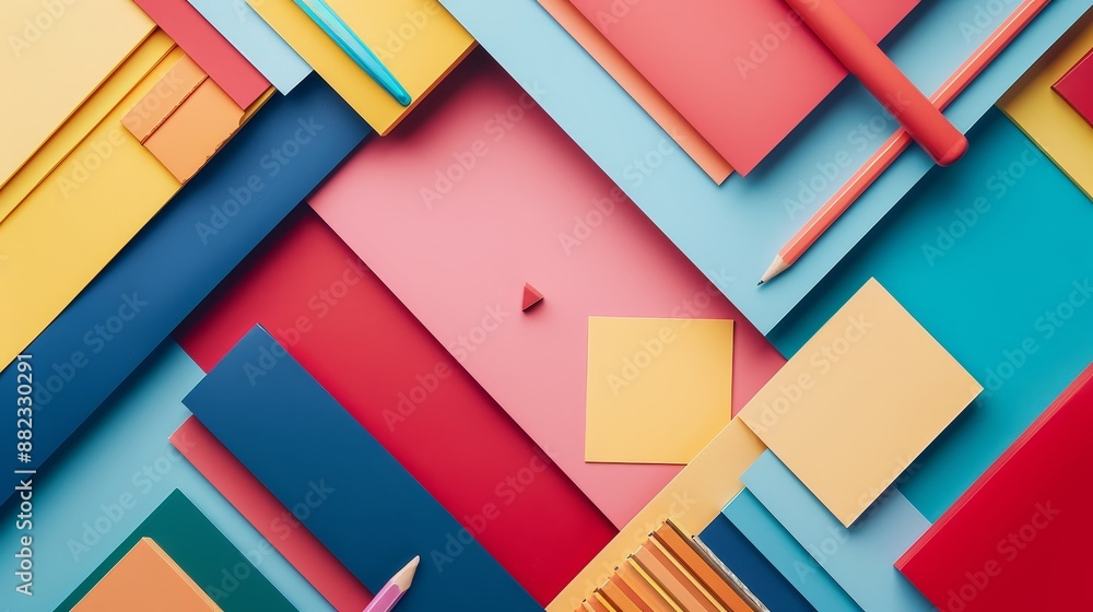 Poster abstract colorful geometric pattern with stationary items - a vibrant, abstract background featuring