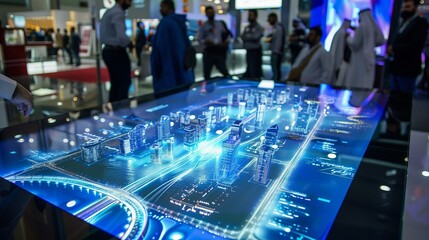 A hologram table projecting a hologram of a modern city, the hologram table is in an expo booth in a middle eastern technology event | 現代都市のホログラムを投影するホログラム テーブル。ホログラム テーブルは中東のテクノロジー イベントの展示ブースにあります。