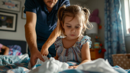Father and daughter making the bed together in a cozy bedroom in the morning, engaging in family bonding activity