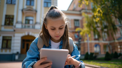 Young girl using a tablet in front of a historical building, focused on learning and exploring, back to school concept