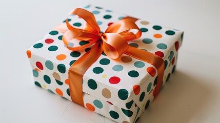 Colorful polka dot gift box with orange ribbon bow on a white background, perfect for celebrations and special occasions.