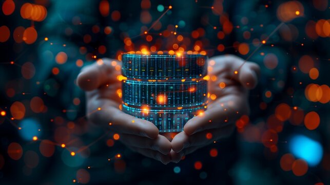 Businessman hand-holding database management icons with efficiency | 効率的なデータベース管理アイコンを手に持つビジネスマン