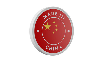 Made in China. Circle country flag product label round pinback button banner simple. Transparent backgound. 3d rendered with alpha channel. Round shape.