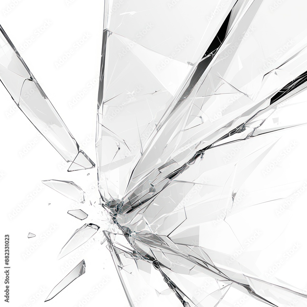 Poster abstract close-up of shattered glass with sharp edges and intricate cracks on a white background, sy