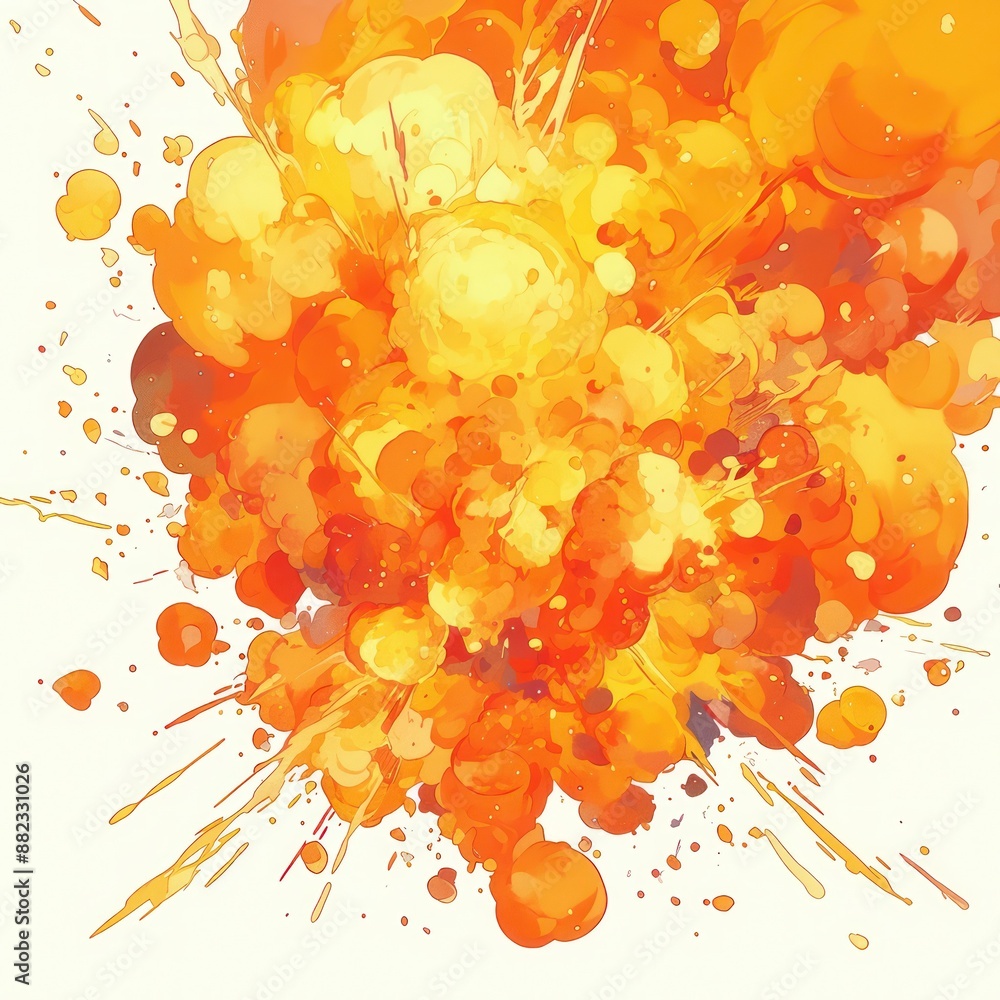 Poster abstract colorful explosion of orange and yellow paint splashes on a white background, creating a dy