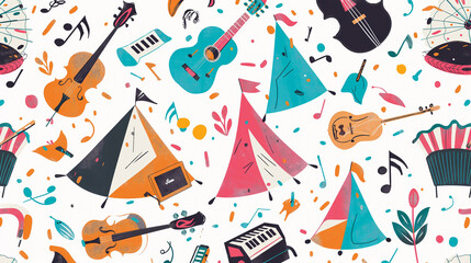 A colorful pattern of musical instruments and tents