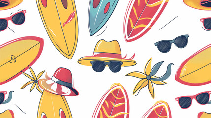 A colorful beach scene with surfboards, hats, sunglasses, and palm trees