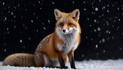 Obraz premium A beautiful little fox with dark black background while snowfall