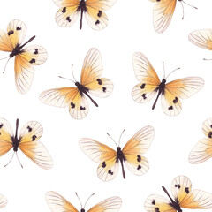 Watercolor butterflies seamless pattern on white background. Beautiful repeat design for wallpaper, textile, and print