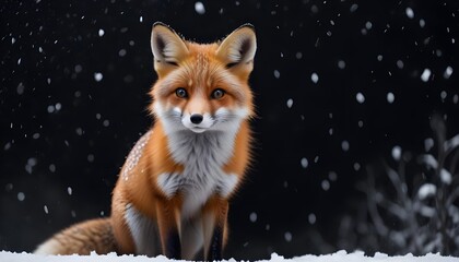 Obraz premium A beautiful little fox with dark black background while snowfall