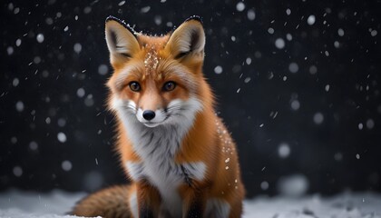 Fototapeta premium A beautiful little fox with dark black background while snowfall