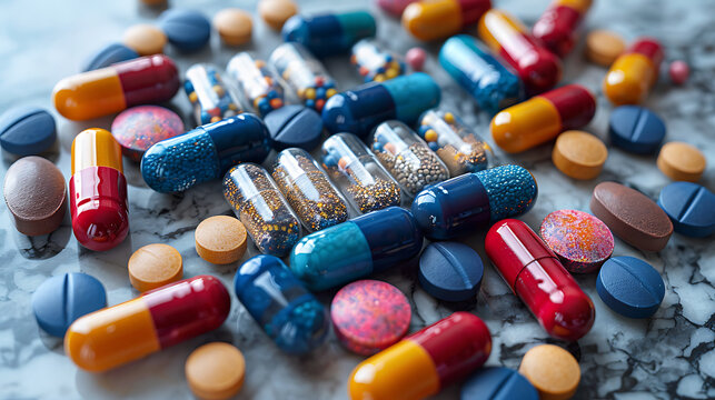 A vibrant array of assorted pills and capsules in various shapes and colors spread out on a marble surface, representing modern pharmaceuticals and medical advancements.