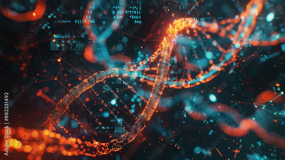 Poster 3d rendering of a dna molecule surrounded by abstract digital data, ideal for genetic and health top
