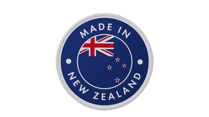 Made in New Zealand. Circle country flag product label round pinback button banner simple. Transparent backgound. 3d rendered with alpha channel. Round shape.