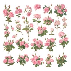 Collection of beautiful pink rose illustrations, showcasing different stages of blooming and various arrangements against a white background.
