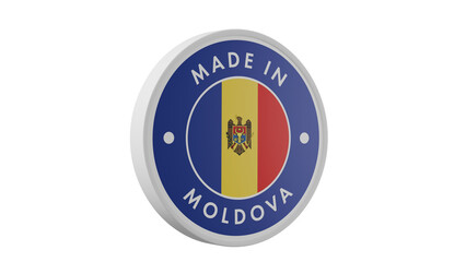 Made in Moldova . Circle country flag product label round pinback button banner simple. Transparent backgound. 3d rendered with alpha channel. Round shape.