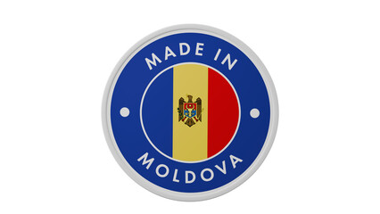 Made in Moldova . Circle country flag product label round pinback button banner simple. Transparent backgound. 3d rendered with alpha channel. Round shape.