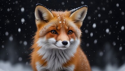 Obraz premium A beautiful little fox with dark black background while snowfall