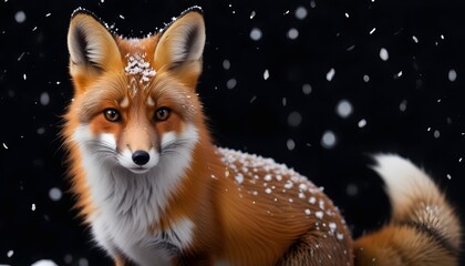 Fototapeta premium A beautiful little fox with dark black background while snowfall