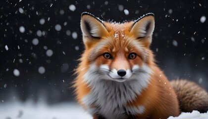 Fototapeta premium A beautiful little fox with dark black background while snowfall