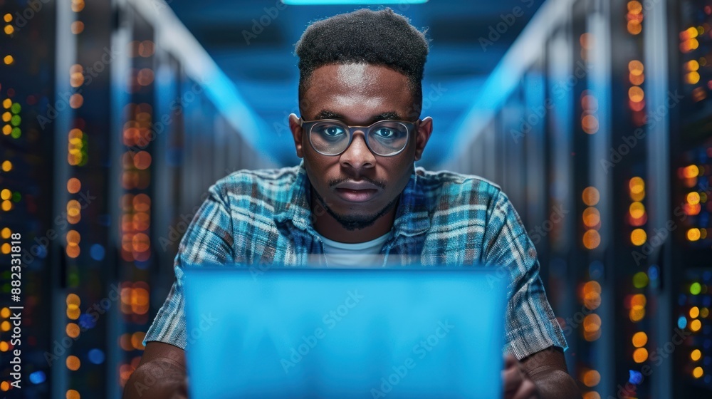 Poster focused it professional working on a laptop in a modern data center with server racks and led lights