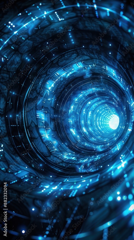 Poster futuristic blue tunnel with digital lights and patterns evoking concepts of technology, cyberspace, 