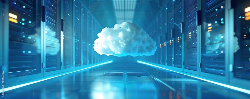 Poster futuristic data center with cloud icon representing cloud computing and technology, surrounded by mo
