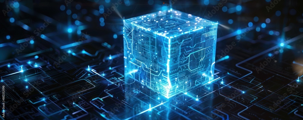 Poster futuristic digital cube glowing in a high-tech circuit board environment with blue lights.