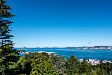 View of the Vigo estuary with the Cies islands in the background from O Castro mountain. Galicia, Spain.