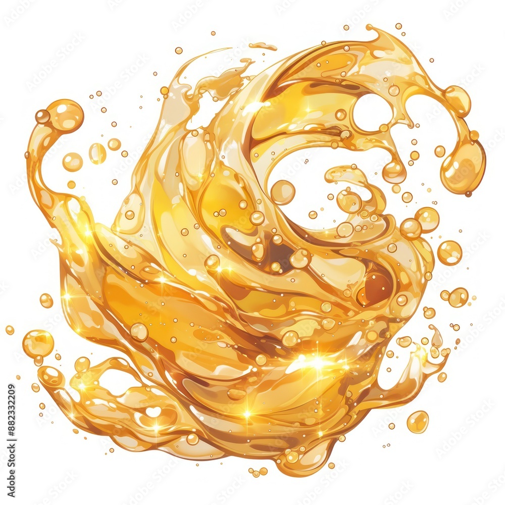 Poster golden abstract liquid splash with sparkling highlights captured dynamically against a white backgro