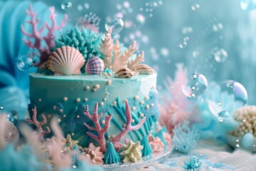 Mermaid-Themed Birthday Cake with Under-the-Sea Decorations and Ocean-Themed Elements