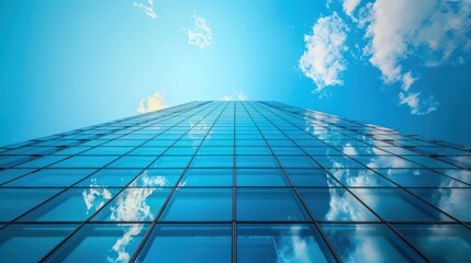 Modern skyscraper with glass windows reflecting blue sky and clouds, showcasing urban architecture and contemporary design.