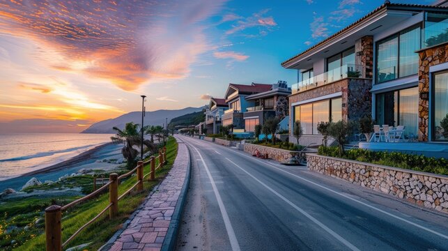 Coastal road with beachfront villas.