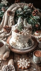 Rustic Winter Wonderland Birthday Cake with Snowflakes and Pine Trees for Festive Celebrations