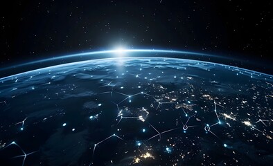 A wide shot of the Earth from space, with glowing city lights forming lines and connections across its surface, symbolizing global connectivity and technology's role in connecting people around the wo