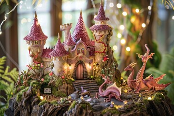 Fototapeta premium Whimsical Fairy Tale Birthday Cake with Castles, Dragons, and Enchanted Decorations for Celebrations