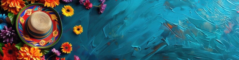 Festive background with colorful sombrero and flowers on a textured surface. Perfect for Cinco de Mayo, Mexican celebrations, and cultural events.