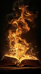 Fototapeta premium A mystical scene of an open book with flames rising from its pages, symbolizing knowledge, magic, and the power of literature.