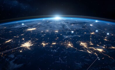 Obraz premium A wide shot of the Earth from space, with glowing city lights forming lines and connections across its surface, symbolizing global connectivity and technology's role in connecting people around the wo