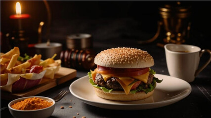 Close-up of a delicious crispy chicken burger with pickles and lettuce on a shiny wooden table with bokeh background