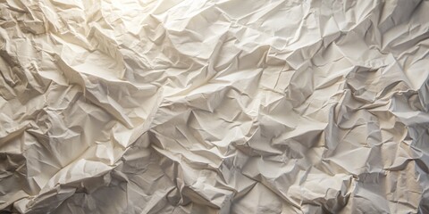 Softly lit, irregularly shaped, crumpled white paper forms a unique abstract textured background with gentle creases, folds, and subtle shadow accents.