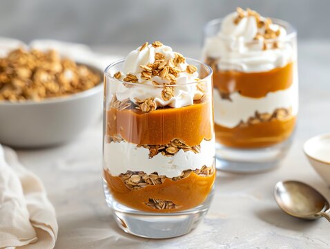 Delicious layered parfait with whipped cream, pumpkin puree, and granola in a glass, perfect dessert for fall or Thanksgiving.